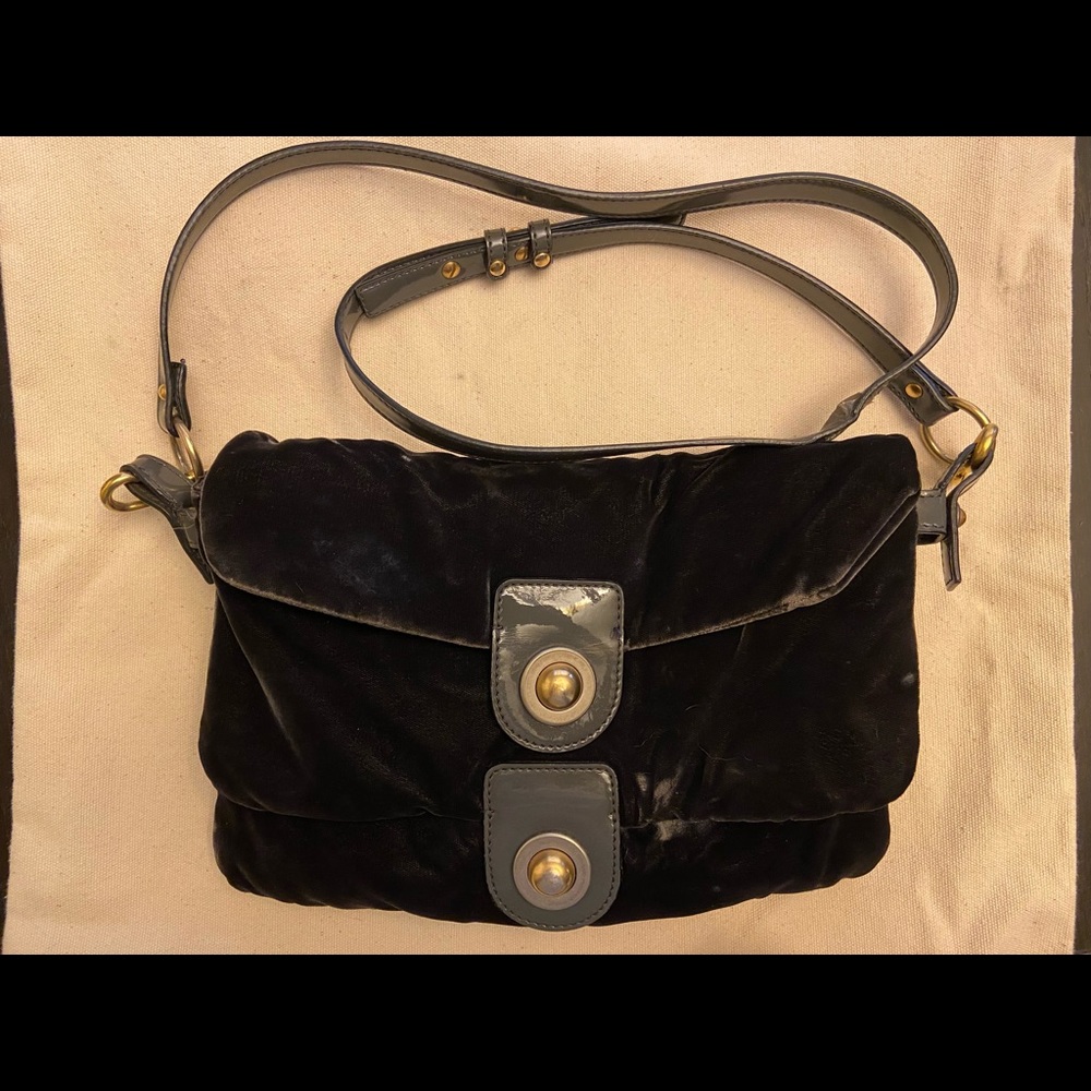 Stella McCartney Velvet Faux Patent Leather Double Flap Crossbody Handbag Gray